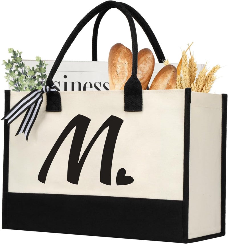 shenee Initial Canvas Tote Bag, Personalized Beach Jute Bag Present for Women Holiday,Friends Birthday Gift,Wedding, New Year - Image 1